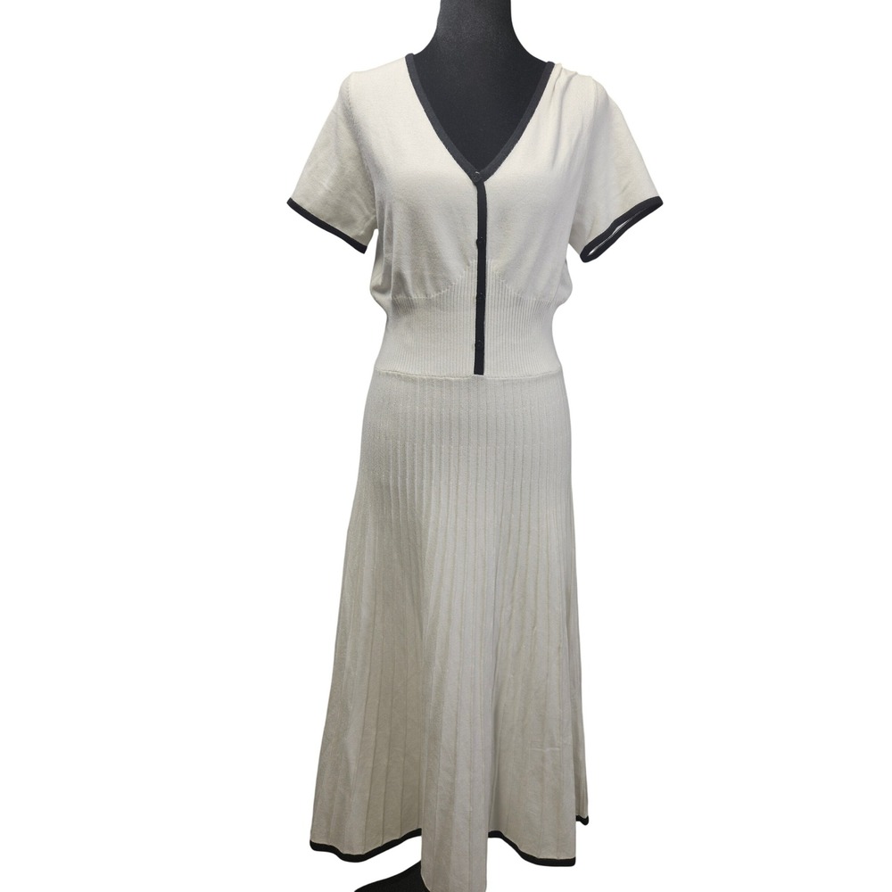 RHODAS Women Cream Black Contrast Trim Knit Pleated Midi Dress Short Sleeve NEW